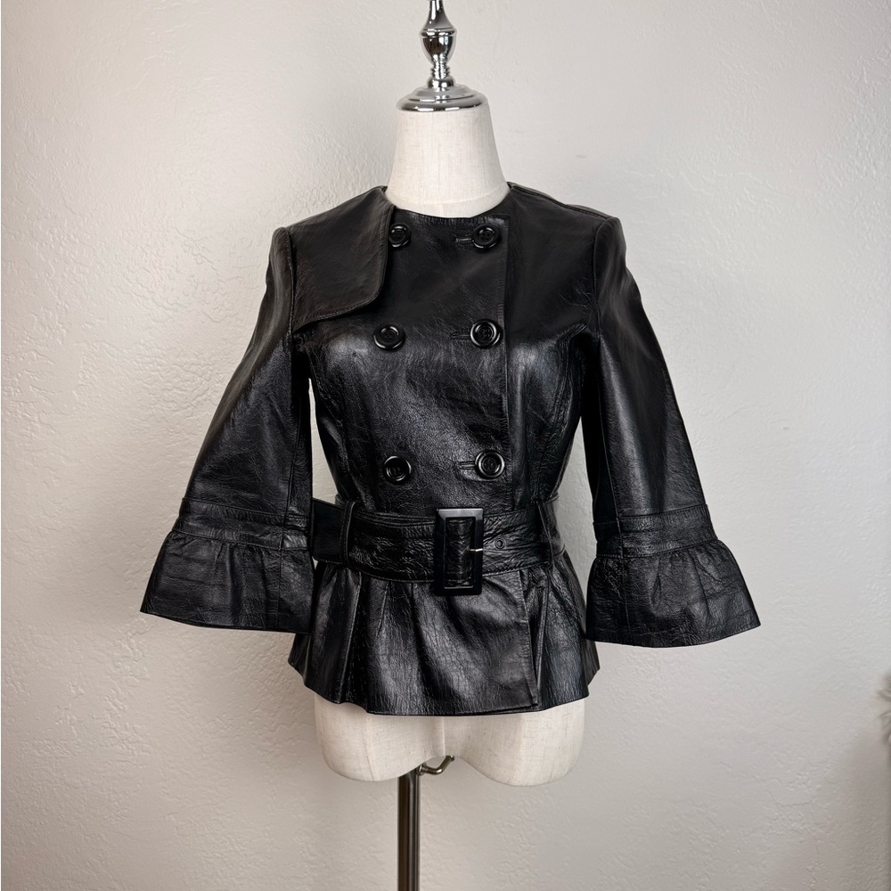 VINTAGE 2001 Bebe Genuine Leather Belted Peplum Jacket Black SzS